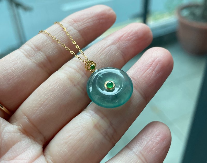 18K纯金 天然A货翡翠 蓝水平安扣 坠子 项链 - 吊饰 - 玉石 蓝色