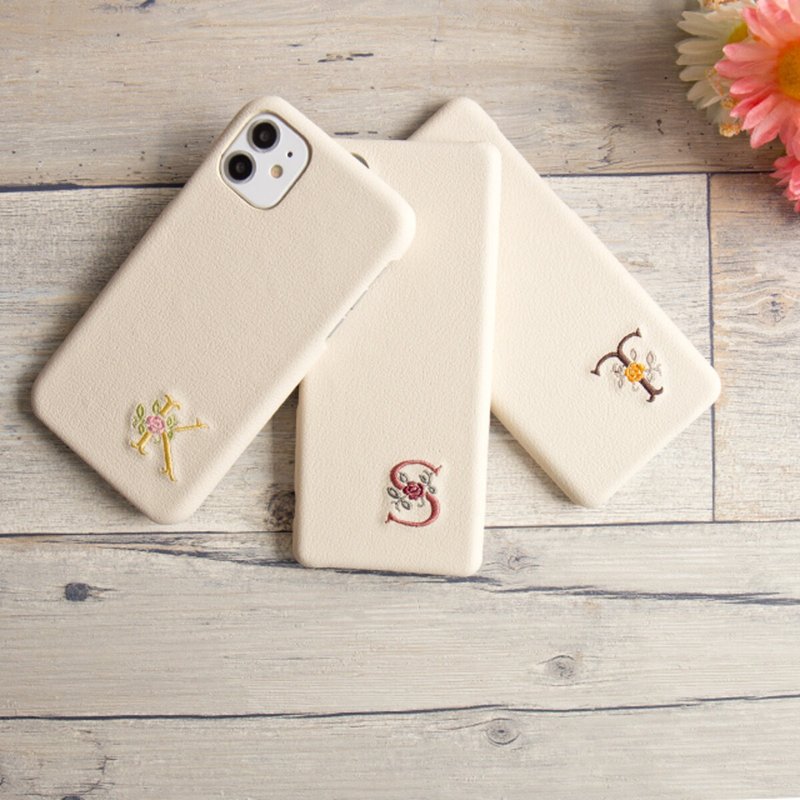 兼容多款智能棕壳【PU皮革刺绣缩写】象牙色酒红红黄A021I - 手机壳/手机套 - 真皮 白色