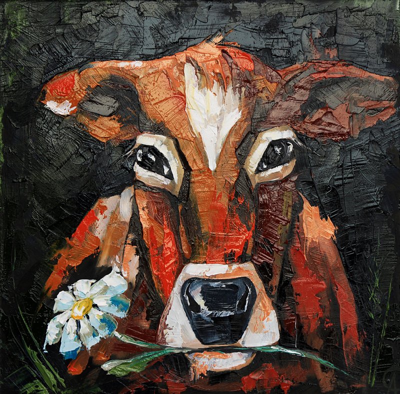 Cow Painting Farm Animal Original Art Small Oil Artwork 25by25 cm - 海报/装饰画/版画 - 其他材质 黑色