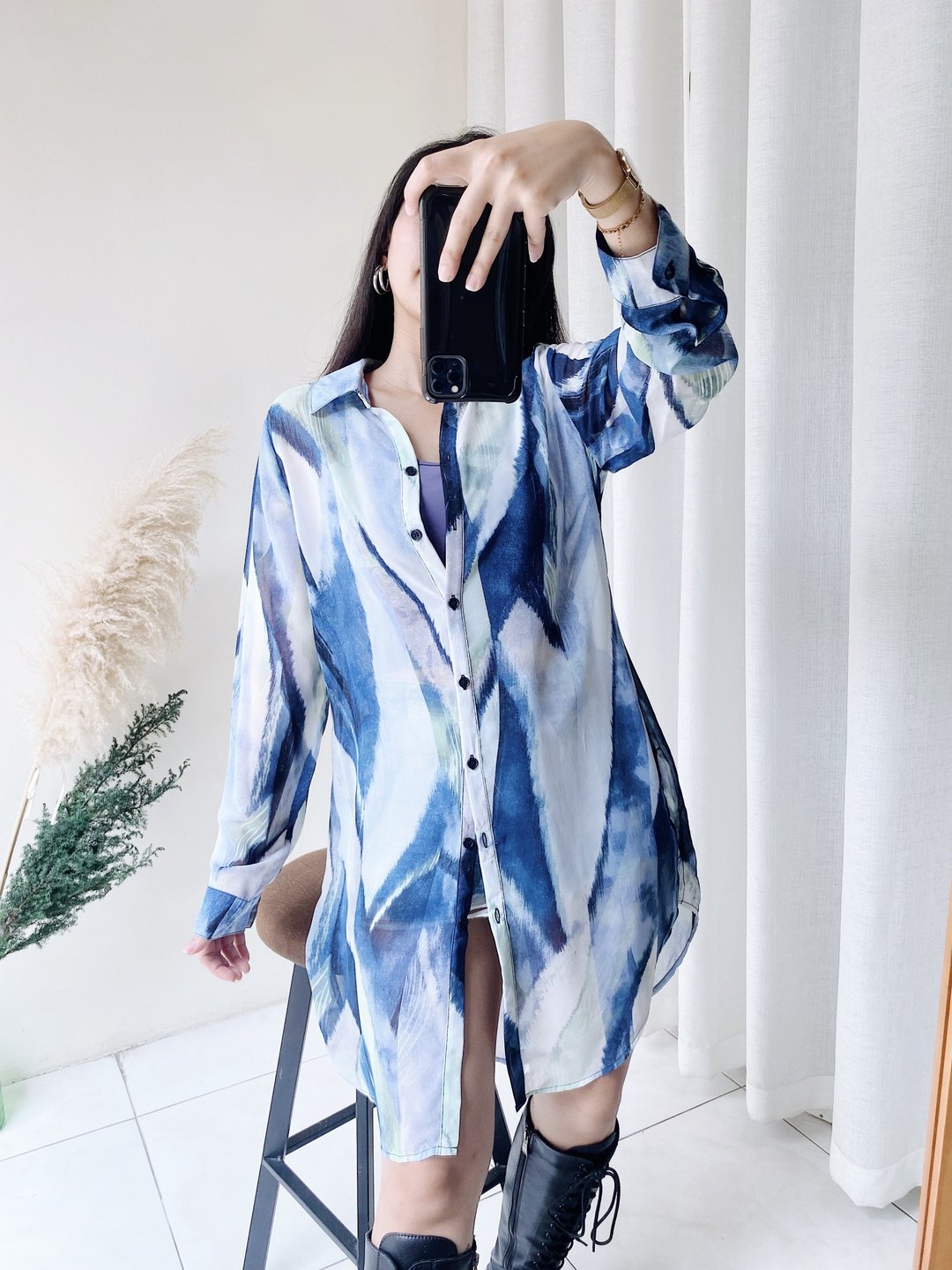 chico's 天蓝渲染透肤长版 纺纱衬衫罩衫外套上衣vintage Shirt - 女装衬衫 - 聚酯纤维 蓝色