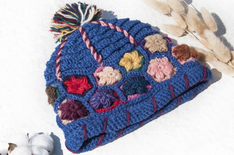 手工编织纯羊毛帽/编织帽/针织毛帽/内刷毛花朵毛帽/毛线帽-花朵 - 帽子 - 羊毛 多色