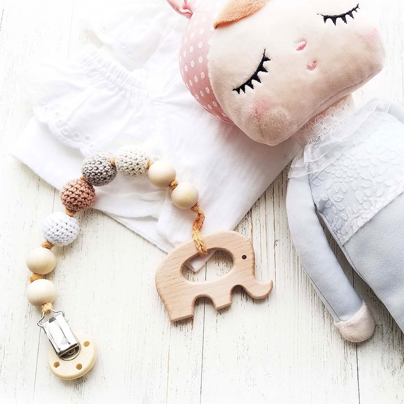 美国Mali Wear 婴幼儿有机棉奶嘴链+原木固齿器 - 奶瓶/奶嘴 - 棉．麻 