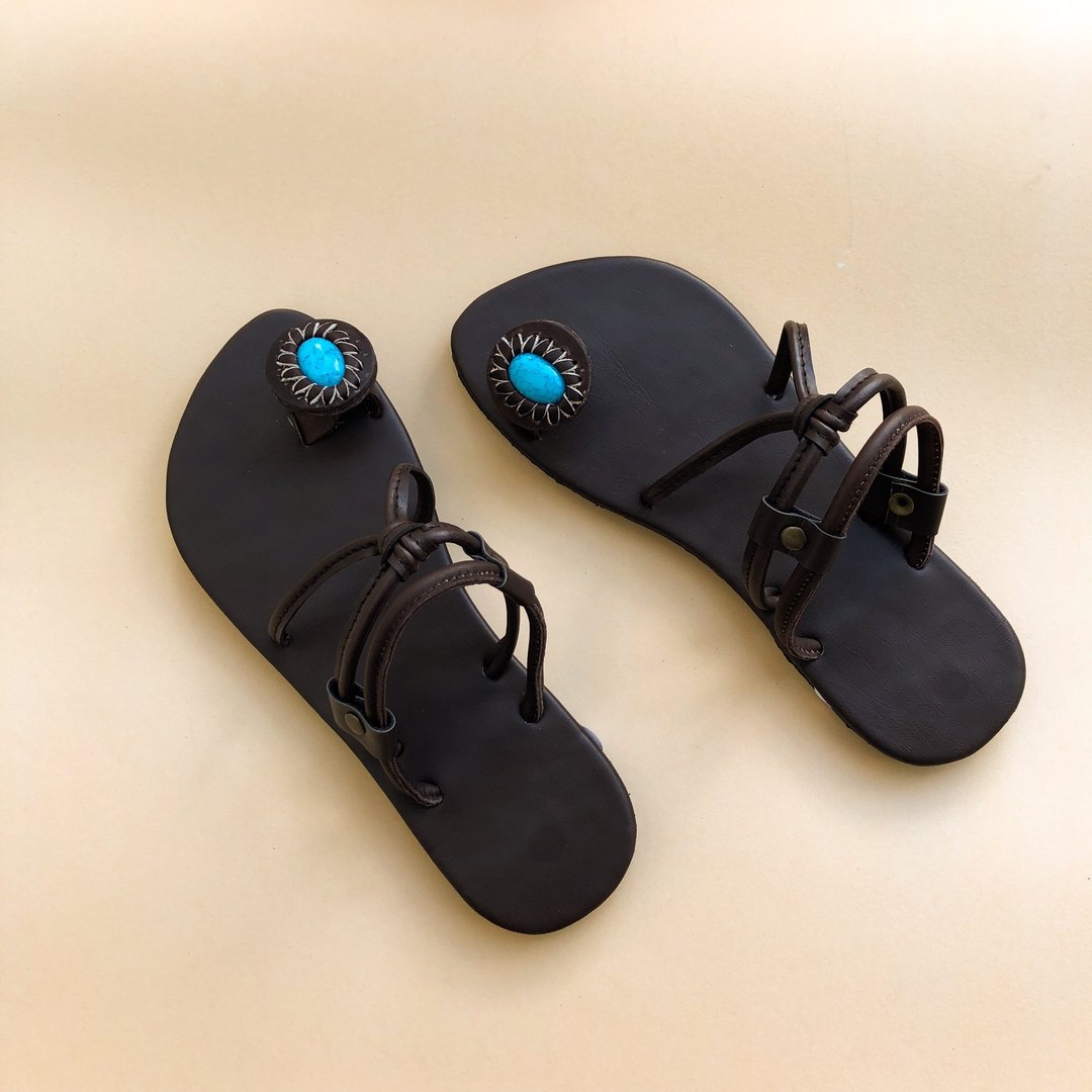 Boho Shoes Sling back or slip on bohemian shoe leather sandal beach summer style - 其他女款皮鞋 - 真皮 咖啡色
