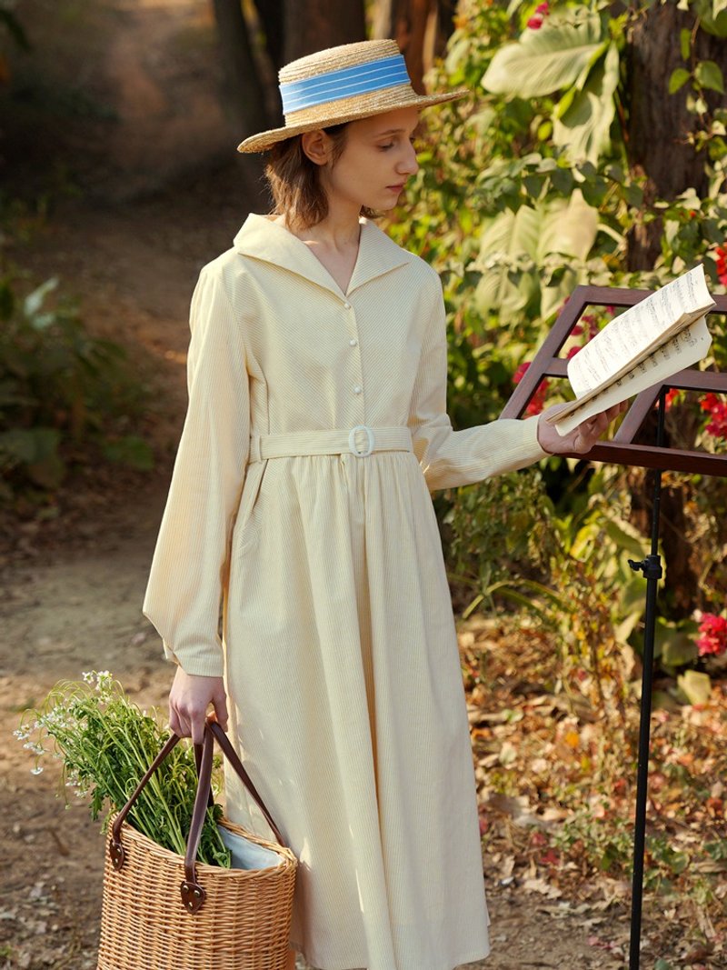 ECRU SOLI 素白已然 法式淡黄条纹优雅 复古领 春夏连衣裙长裙 - 洋装/连衣裙 - 棉．麻 黄色