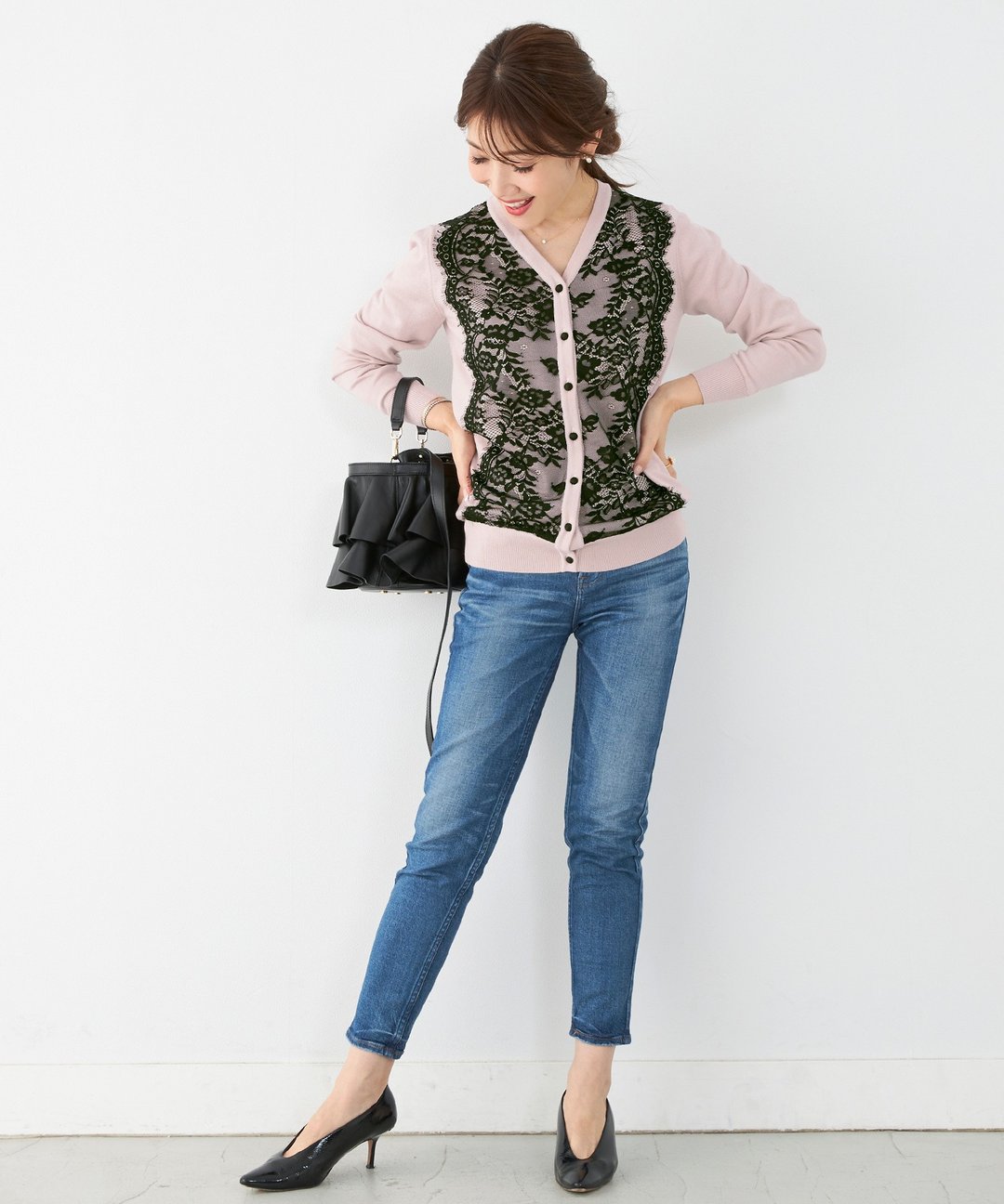 Knit cardigan lace bicolor design / Liala x PG - 女装针织衫/毛衣 - 棉 粉红色