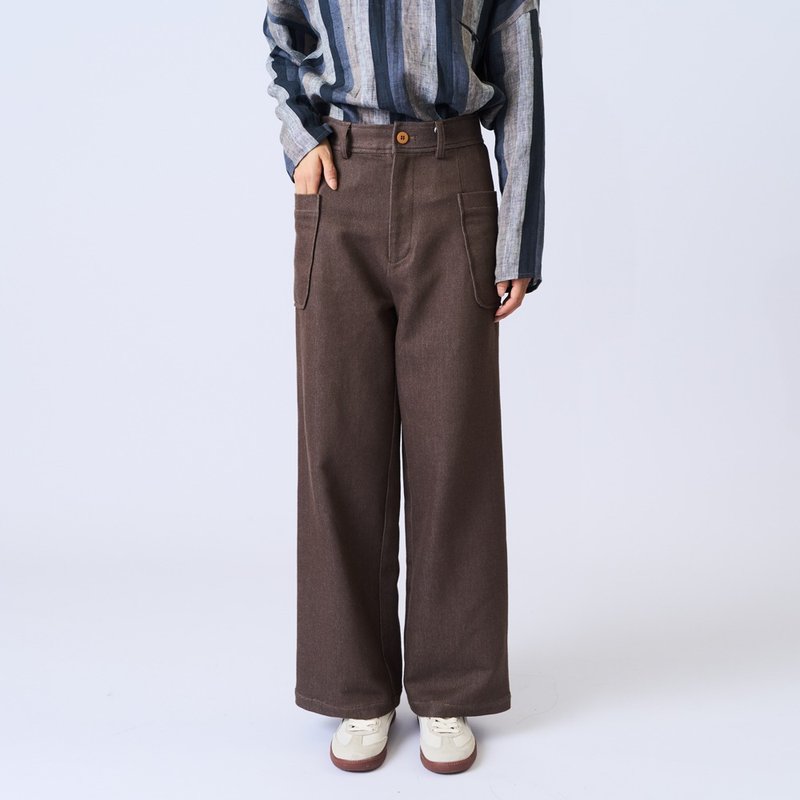女生棉麻復古斜紋寬腿長褲 側開袋設計 P220522 - 女装长裤 - 棉．麻 咖啡色