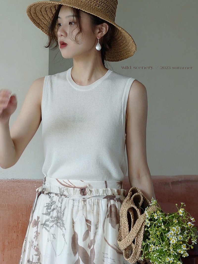 氣質白/南瓜橙 無拘無束萊賽爾百搭簡約圓領背心 夏季無袖針織T恤 - 女装衬衫 - 其他人造纤维 白色