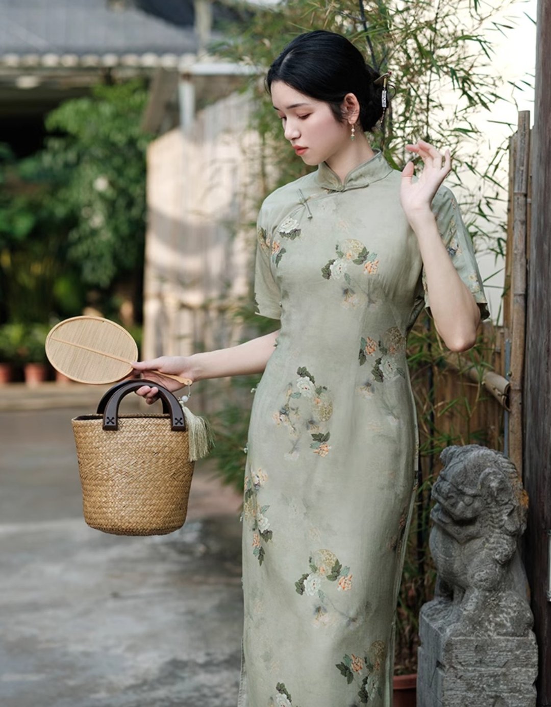 绿芜 新中式复古盘扣改良旗袍 - 洋装/连衣裙 - 其他材质 绿色