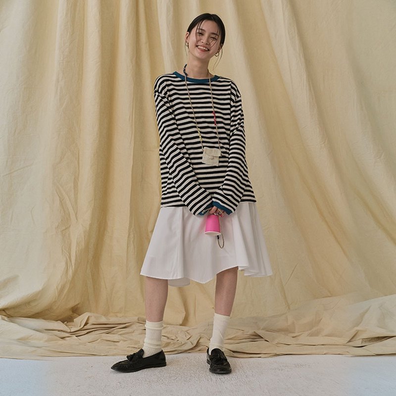 復古奶鹽白條紋長袖 / 螺紋撞色休閒設計 / 日系寬鬆百搭上衣 - 女装上衣 - 棉．麻 多色