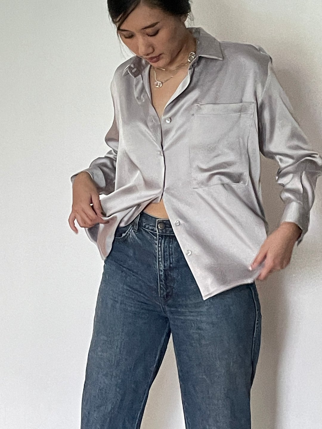 Silk long sleeve button shirt in Greyish purple - 女装衬衫 - 丝．绢 灰色