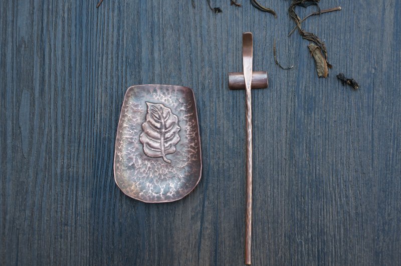 【溪山手作】手工紫铜錾刻锤纹叶子铜茶则茶拨 - 摆饰 - 铜/黄铜 