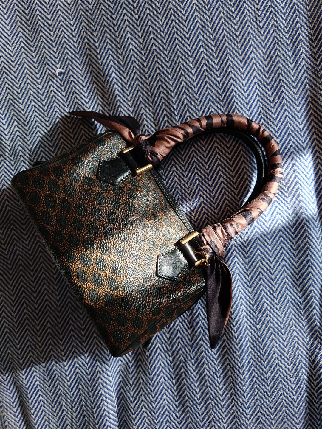 中古美品 CELINE稀有黑花迷你波士顿包 单肩包斜背包斜挎包手拿包 - 侧背包/斜挎包 - 防水材质 黑色