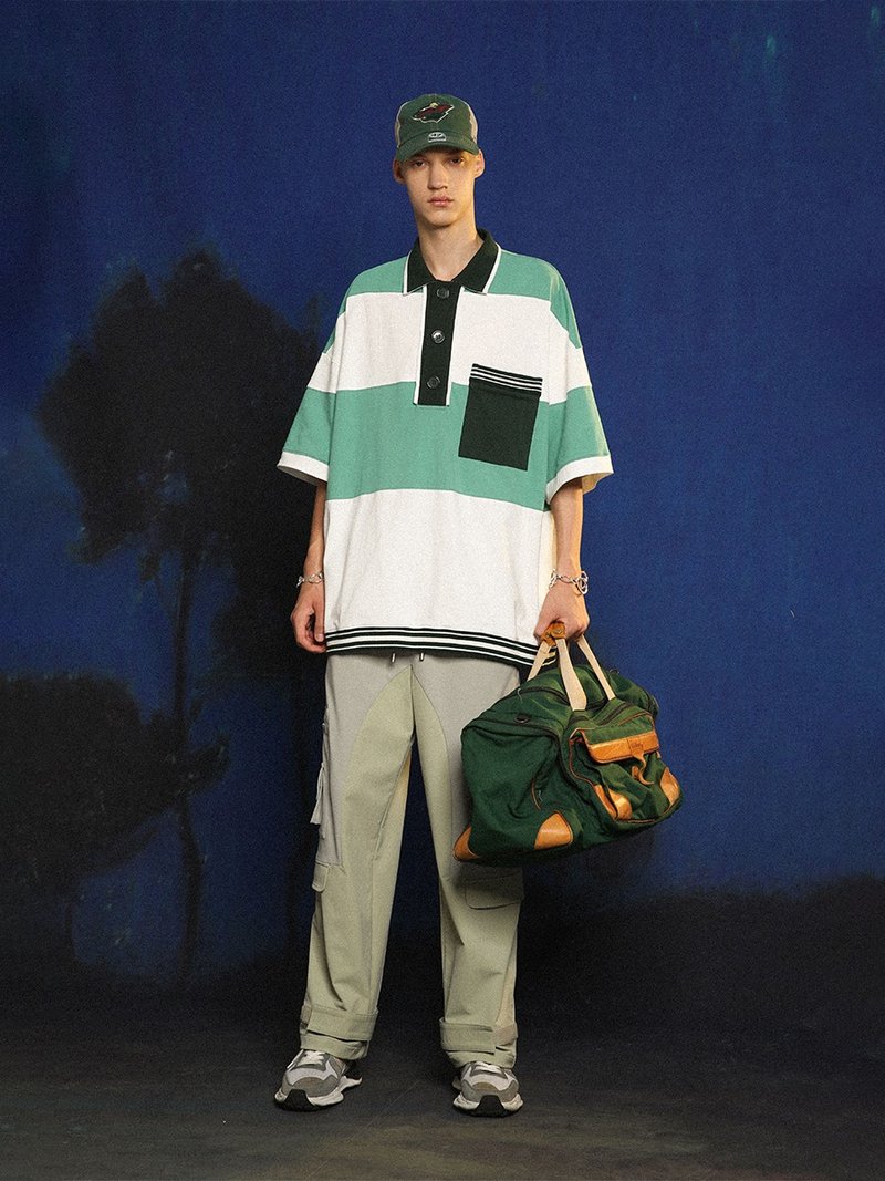 UNVESNO 渐变乐谱色块撞击复古夏季polo衫条纹短袖T恤 SWS-1388 - 男装上衣/T 恤 - 棉．麻 蓝色