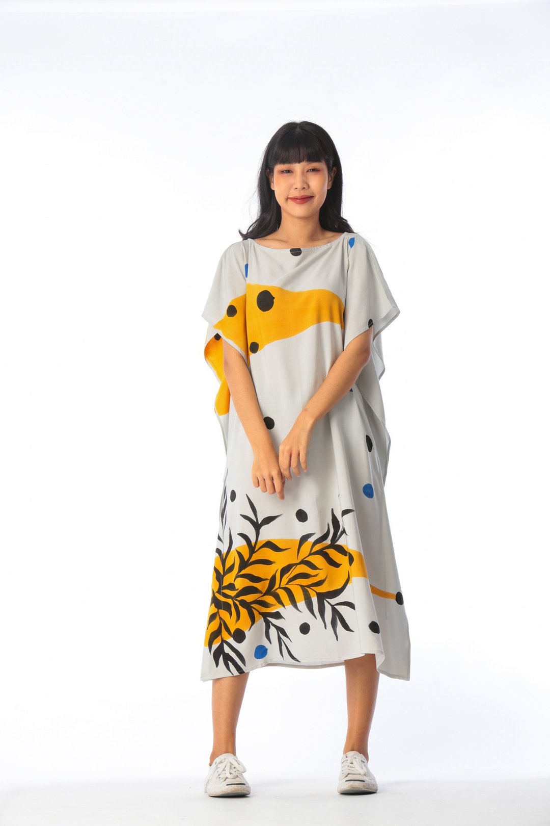 Hand Painted Cotton Rayon Kaftan for Summer Resort Vacation - 洋装/连衣裙 - 棉 灰色