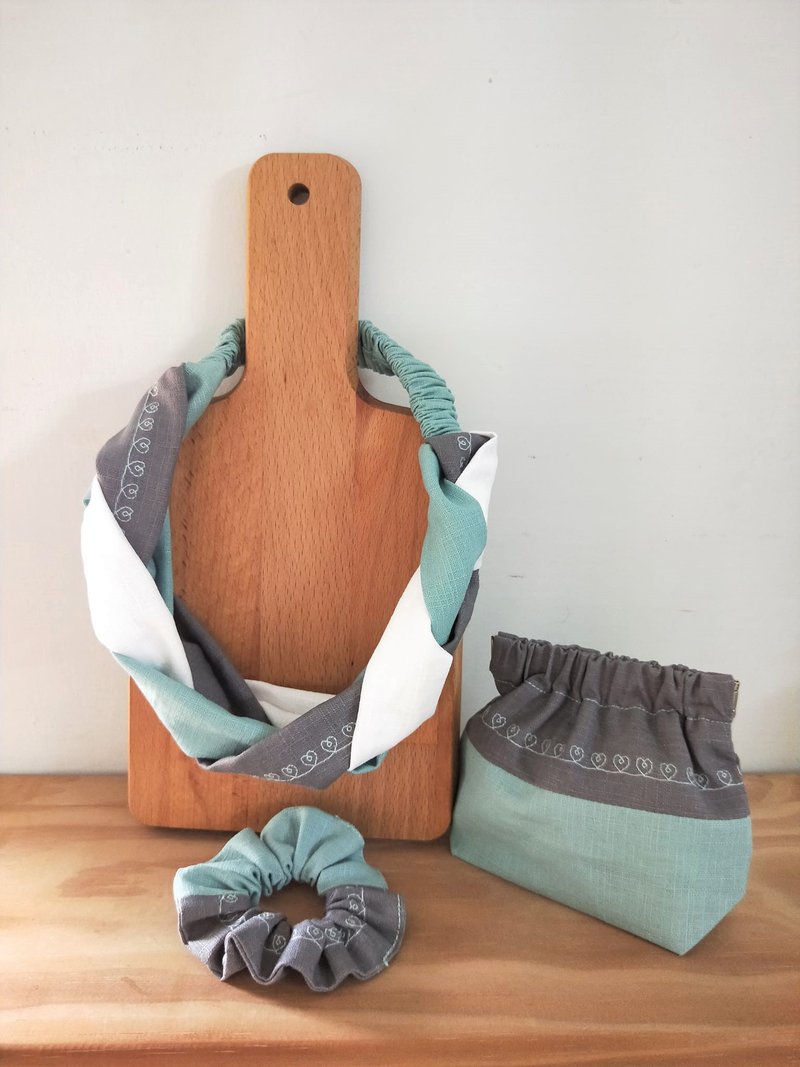 编织发带-心心相连湖水绿(电绣)+口夹包+发圈 - 发带/发箍 - 棉．麻 绿色