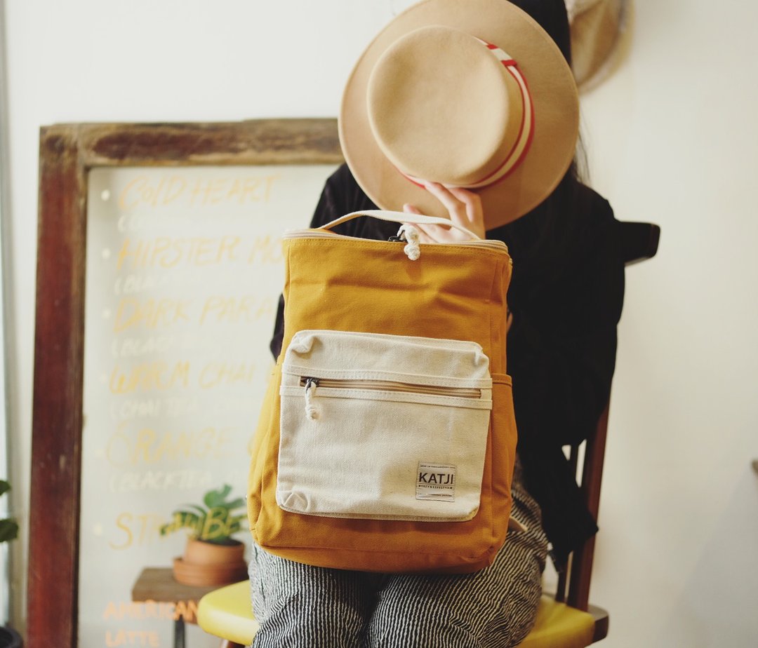 【Off-season sale】【Off-season sale】BUCKET BEAM BAG : MUSTARD x WHITE (canvas) - 后背包/双肩包 - 其他材质 黄色