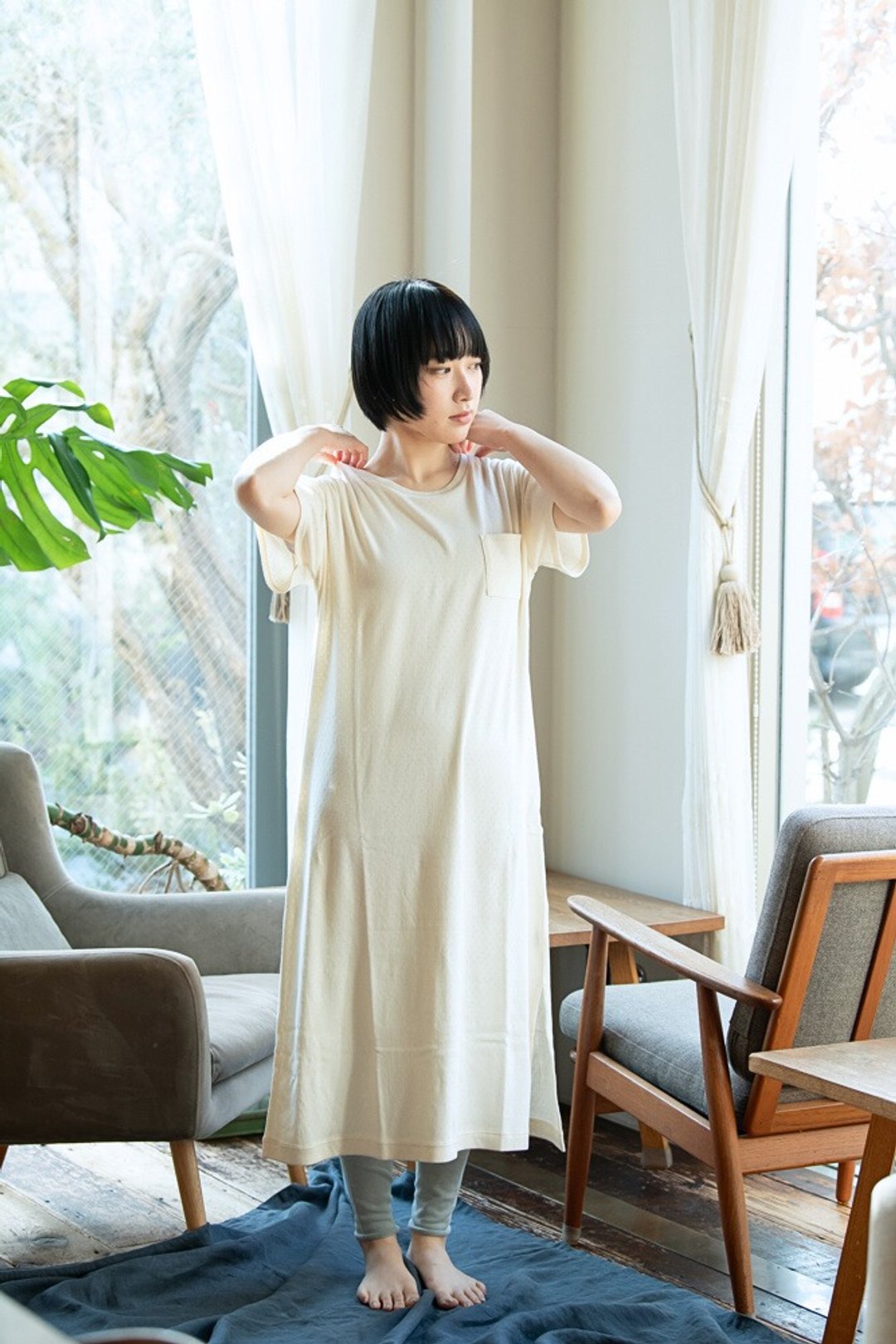 有机棉居家服套组 B【花朵网眼洋装 + 包覆感内搭裤】 - 洋装/连衣裙 - 棉 白色