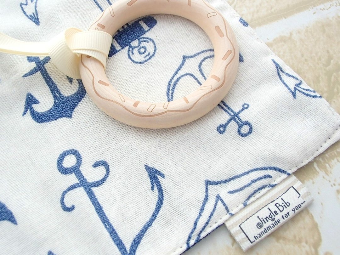 Baby Teething Blanket, Rattle Teether, Wooden Toy, Japanese Cotton, Anchor - 玩具/玩偶 - 木头 蓝色