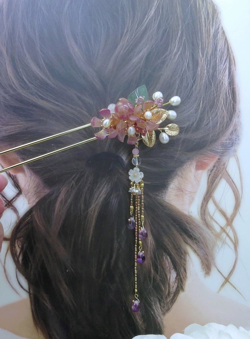 柠檬手作发饰  捷克蚀刻洒金玫红发簪(流苏可拆) - 发饰 - 琉璃 粉红色