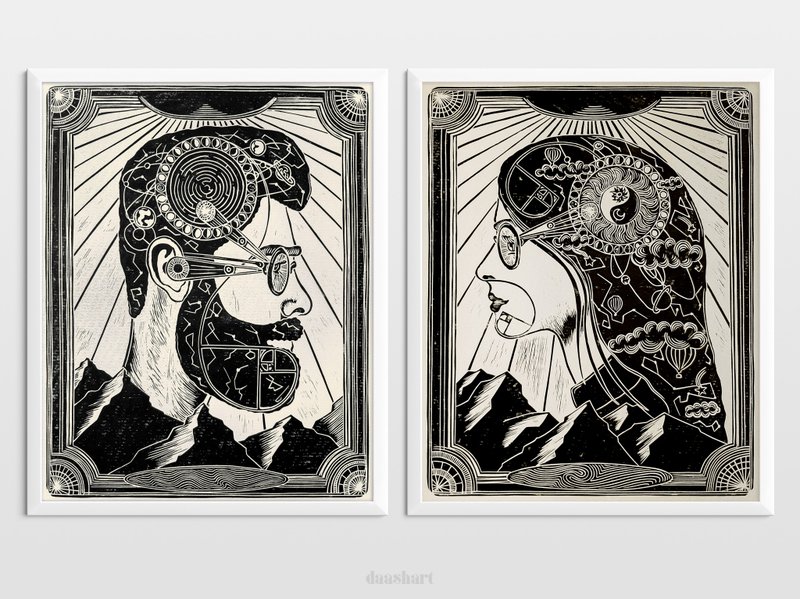 Set of 2 art Male and female portrait with constellations Linocut print - 海报/装饰画/版画 - 纸 黑色