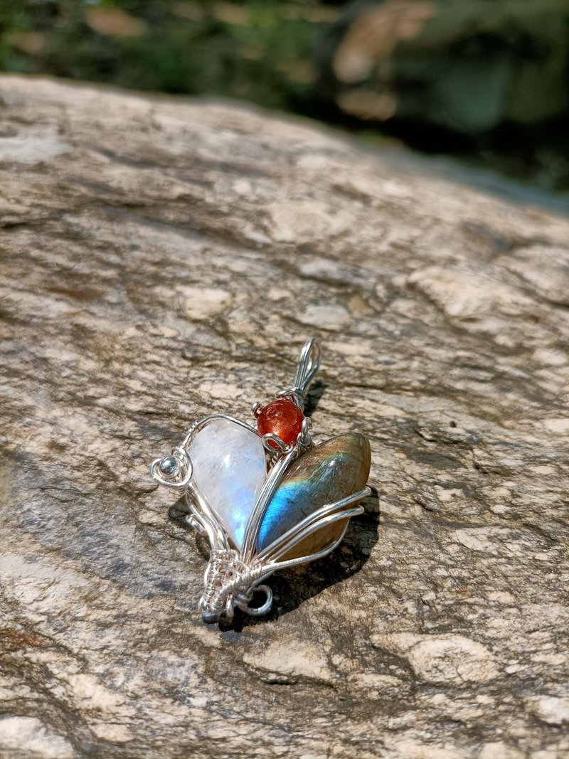 极光与晨曦、拉长石、月光石、太阳石、925 纯银原创手工编织 - 项链 - 水晶 白色