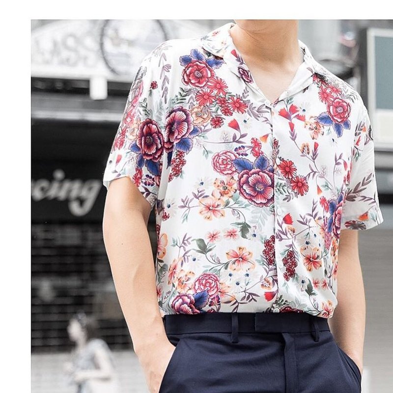 White - floral print shirt material - 男装衬衫 - 棉．麻 多色