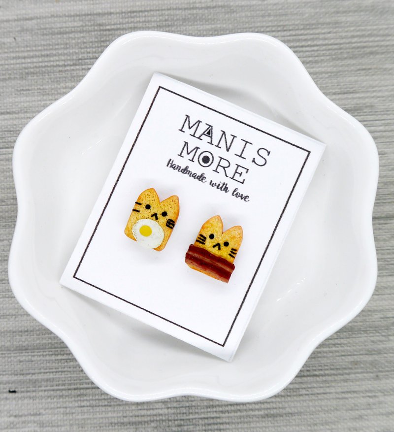 可爱猫咪吐司耳环 煎蛋培根 猫耳环  可改夹式 - 耳环/耳夹 - 粘土 