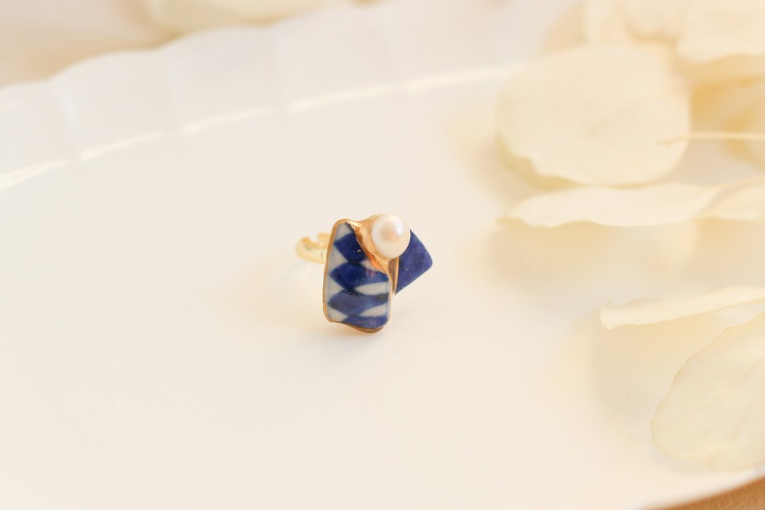 古伊万里 金继 戒指 蓝色 14K 镀金 自由尺寸 淡水珍珠 蓝钠石 天然石 传统工艺 a17 - 戒指 - 陶 蓝色
