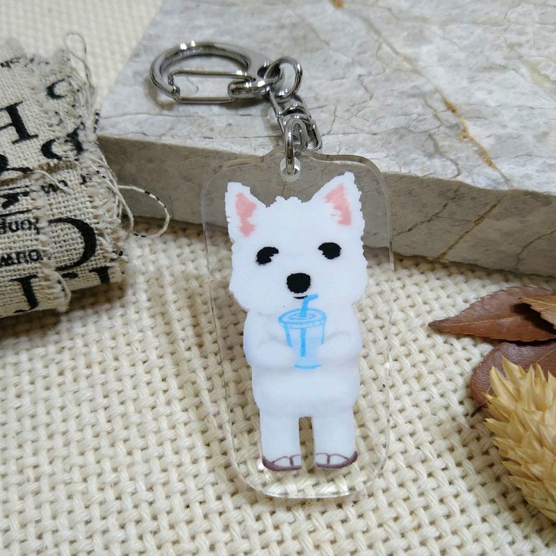 西高地白梗-喝饮料-压克力吊饰(钥匙圈)-双面图案-新厂商 - 钥匙链/钥匙包 - 压克力 