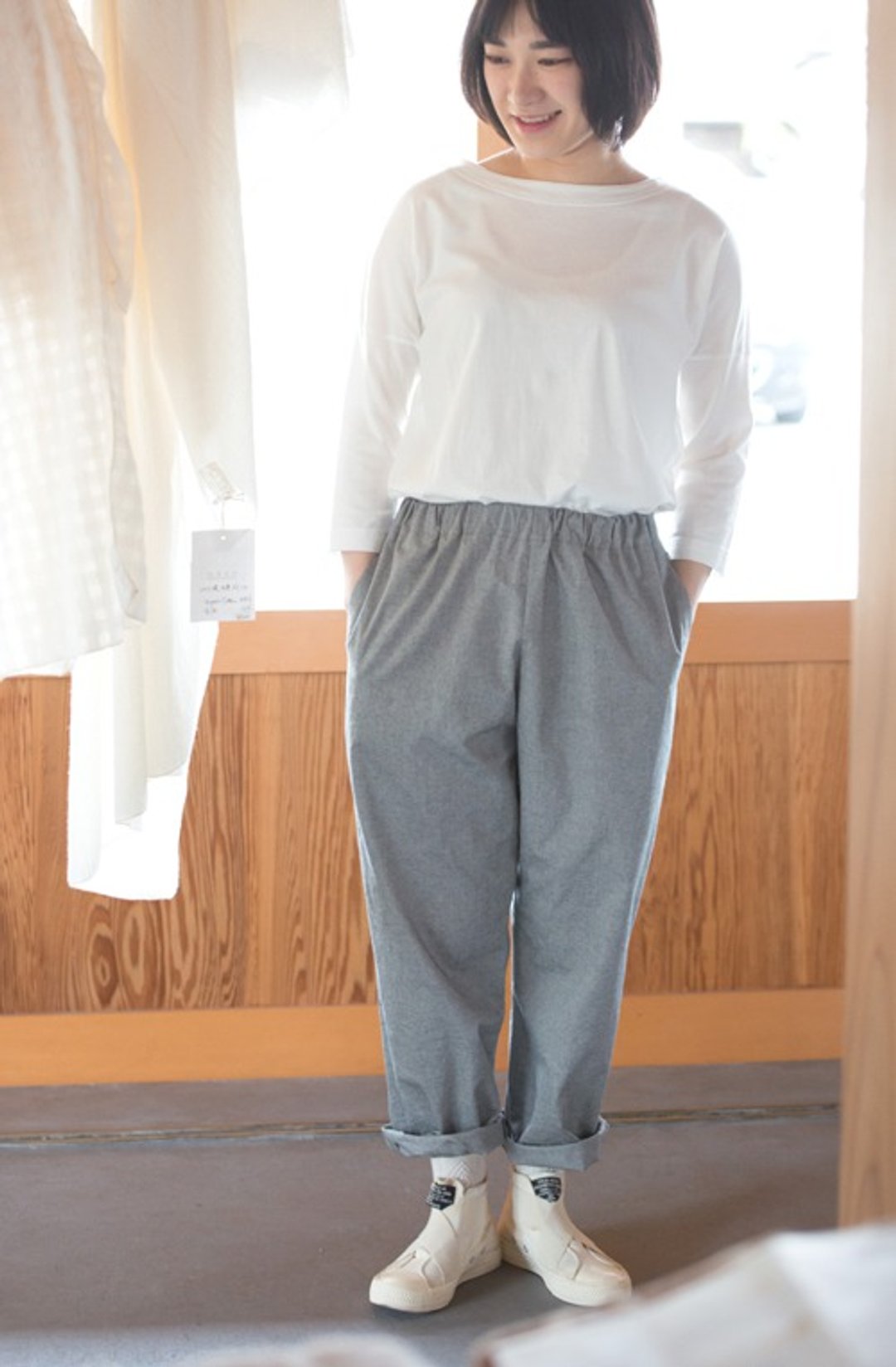 Organic Cotton Oxford Fabric Gathered Pants - 女装长裤 - 棉 灰色