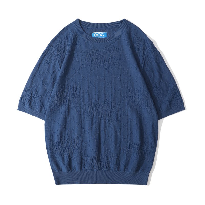 GOC Studio 圆领棉质针织中袖上衣 - 蓝色菊花 - 女装针织衫/毛衣 - 棉．麻 蓝色