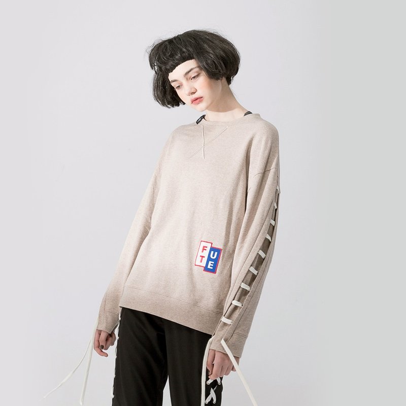 【中性款】 宽松落肩 袖绑带上衣 / 卡其 - 女装上衣 - 棉．麻 卡其色