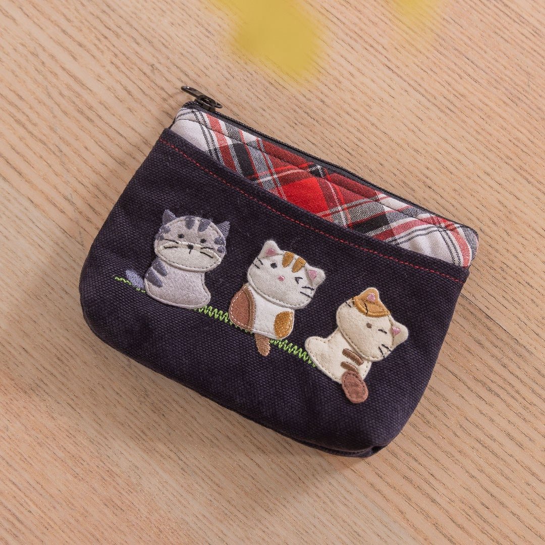 猫咪家族 格纹 铺棉 零钱/钞票/卡片/小物收纳包【820433】 - 化妆包/杂物包 - 棉．麻 黑色