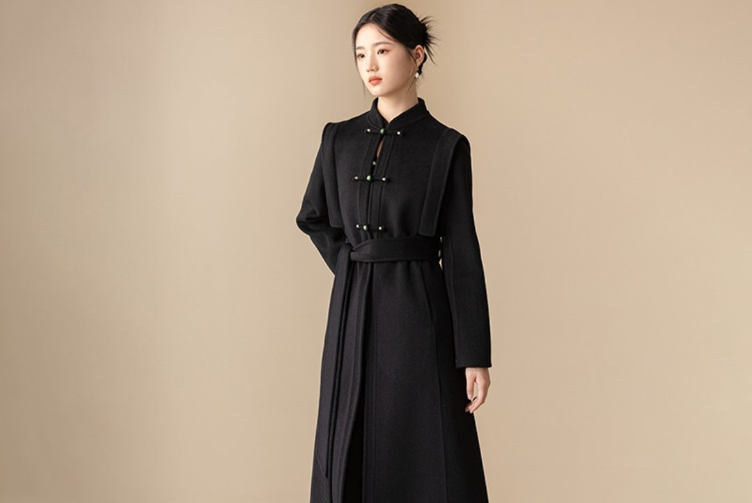 新中式 秋冬长款毛大衣汉服黑色高级感中國風毛呢外套 - 女装上衣 - 羊毛 黑色