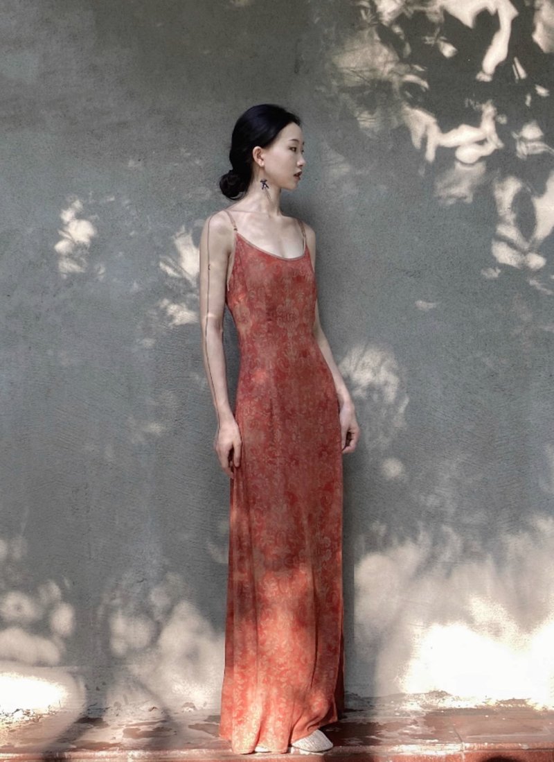 新中式复古 / 寬鬆长款连身裙 / 橘红 - 洋装/连衣裙 - 其他材质 红色