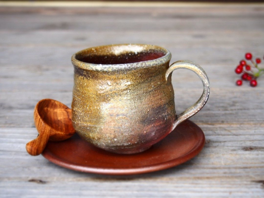 Set of Bizen coffee cup and saucer (medium) c 6 - 0 19 - 咖啡杯/马克杯 - 陶 咖啡色