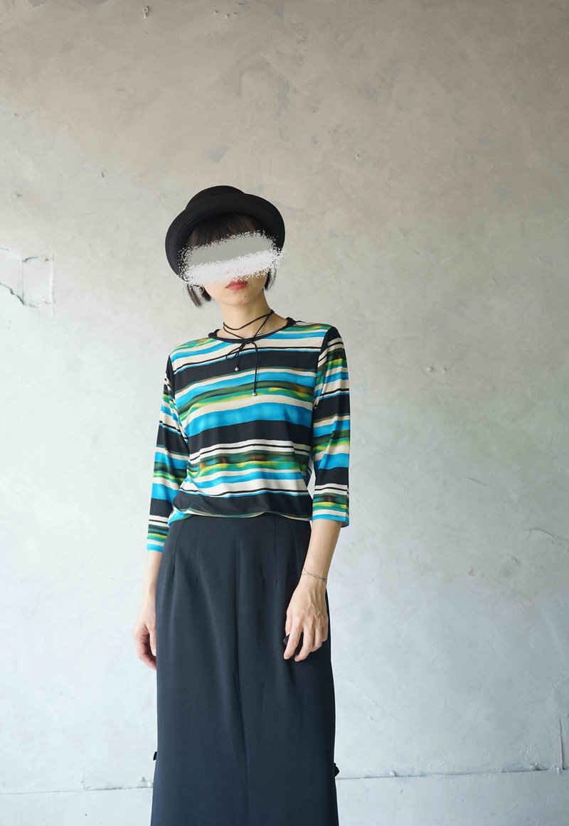 寻宝古着-蓝绿撞色横纹针织弹性上衣 - 女装上衣 - 聚酯纤维 绿色