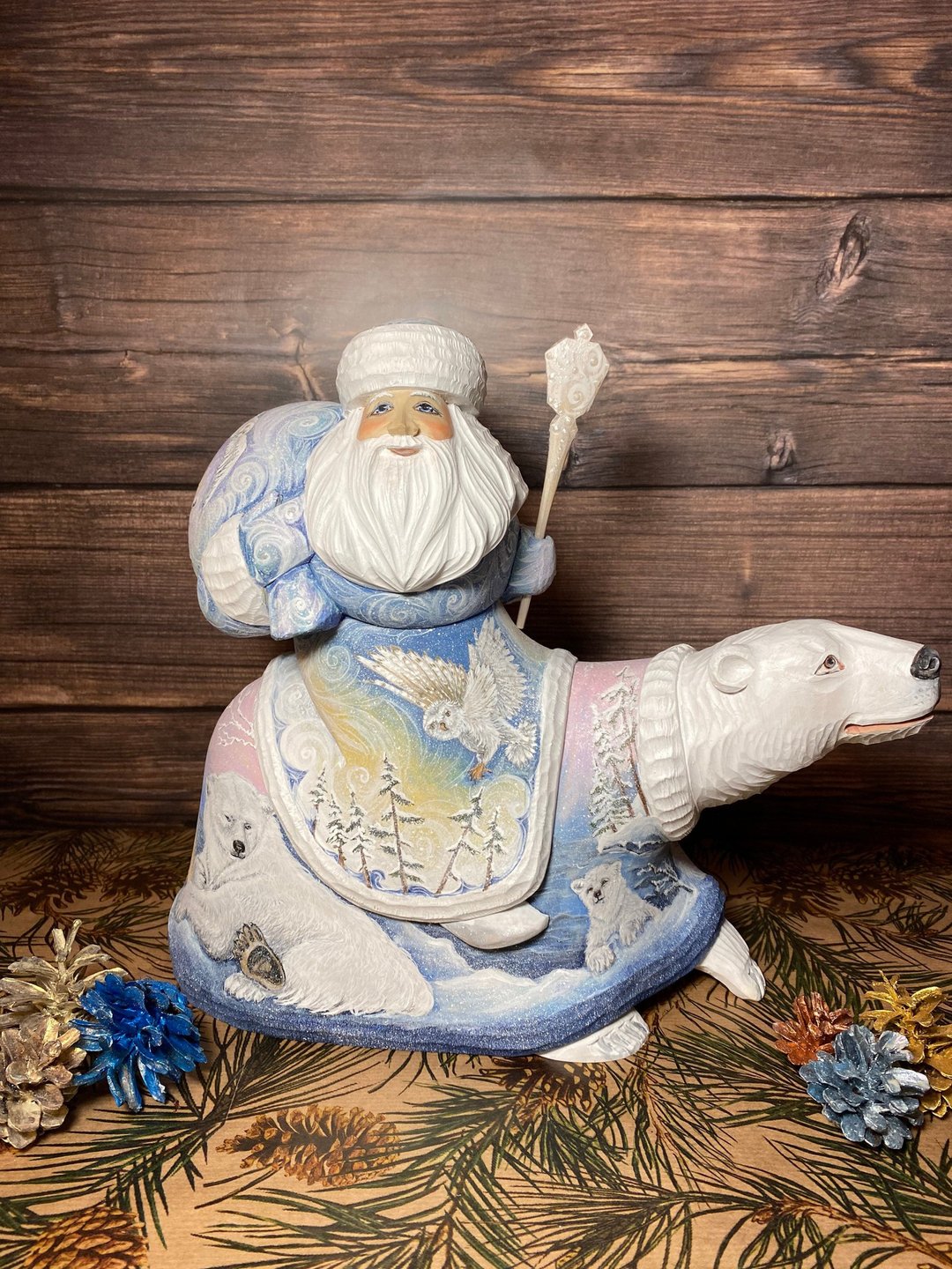 Wooden Santa on the Bear Carved Santa Christmas Ornaments Santa with Polar Bear - 玩偶/公仔 - 木头 多色