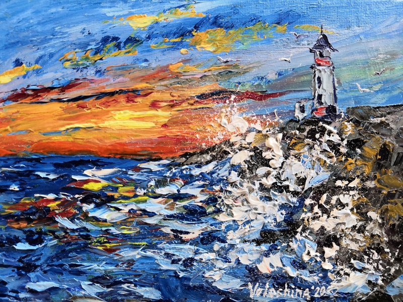 Lighthouse at sunset 1, Seascape Original Art Oil Painting on canvas Miniature - 墙贴/壁贴 - 其他材质 