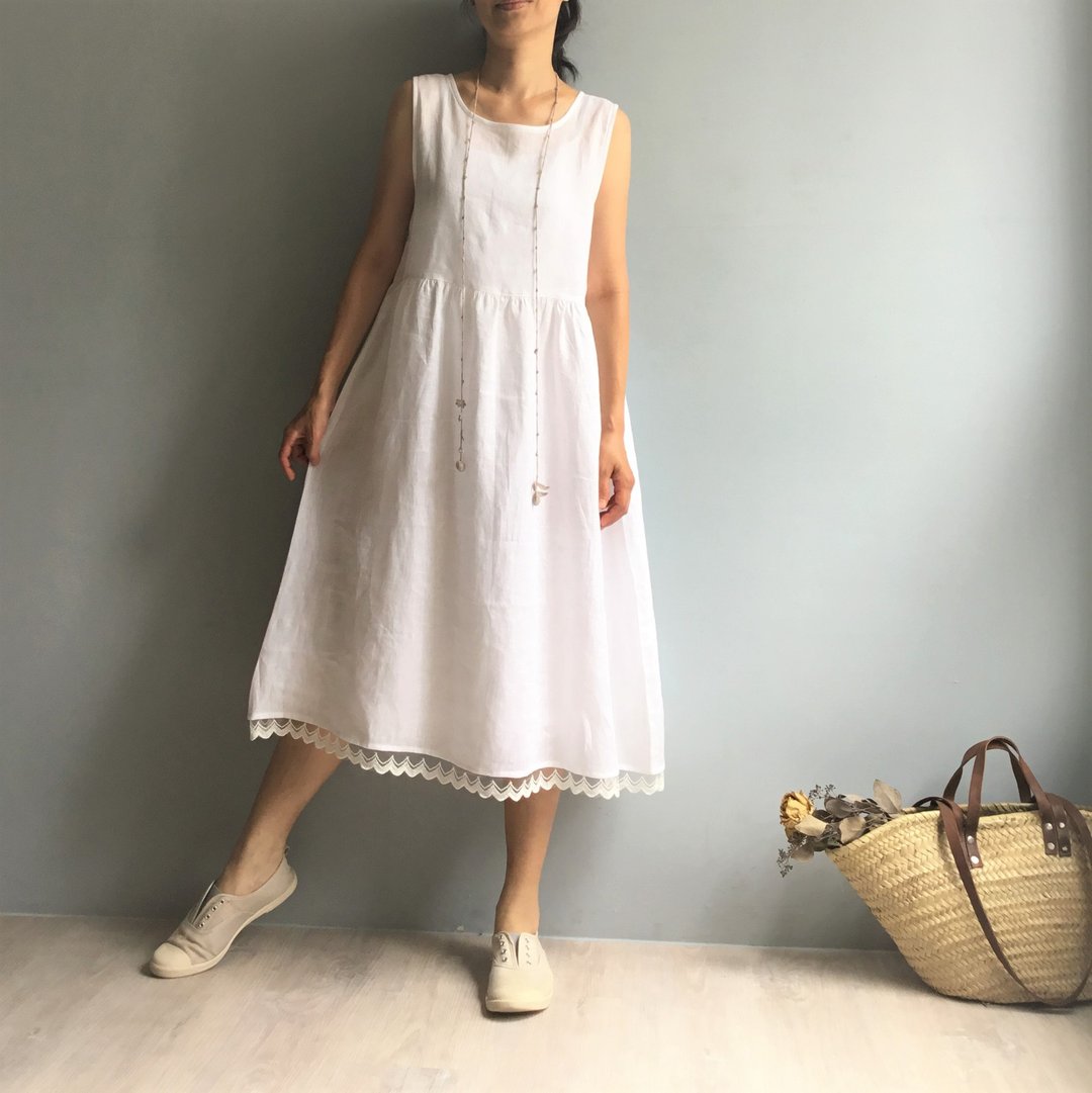 爱尔兰长假/古典风白亚麻蕾丝装饰连身衬裙/居家连身裙100%Linen - 洋装/连衣裙 - 棉 白色
