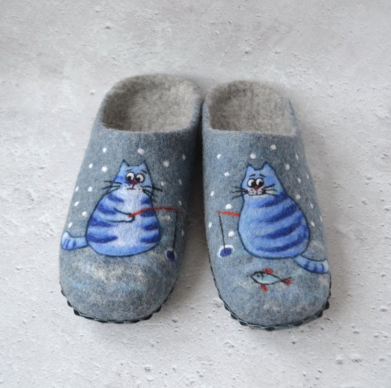 毛毡羊毛猫拖鞋男士定制保暖家居鞋男朋友家拖鞋 - 拖鞋 - 羊毛 灰色