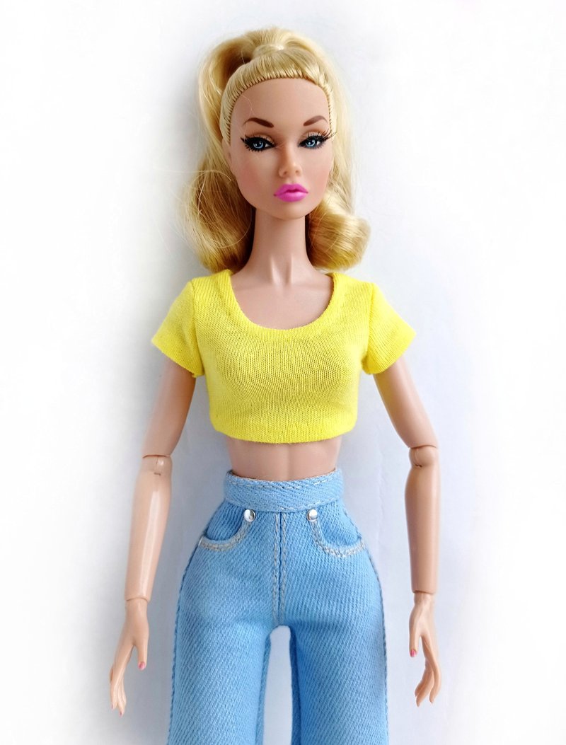 La-la-lamb Yellow crop top with short sleeves for Poppy Parker 12 inch dolls - 玩偶/公仔 - 棉．麻 黄色