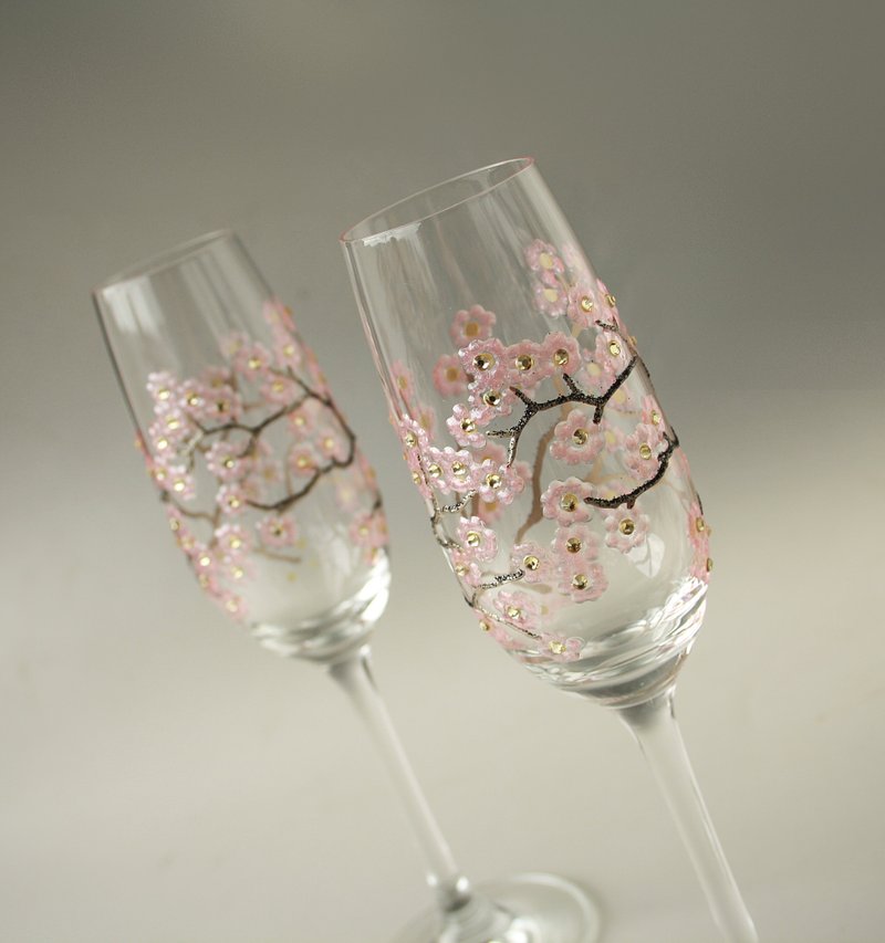 Sakura Wedding Champagne Glasses Hand Painted set of 2 - 酒杯/酒器 - 玻璃 粉红色