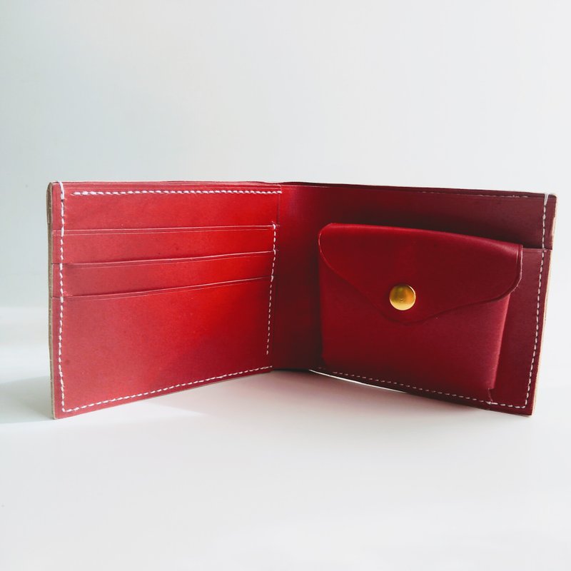 Genuine Leather - Hand-stitched - Hand-dyed adult red and check bi-fold wallet - red and yellow check - 皮夹/钱包 - 真皮 黄色