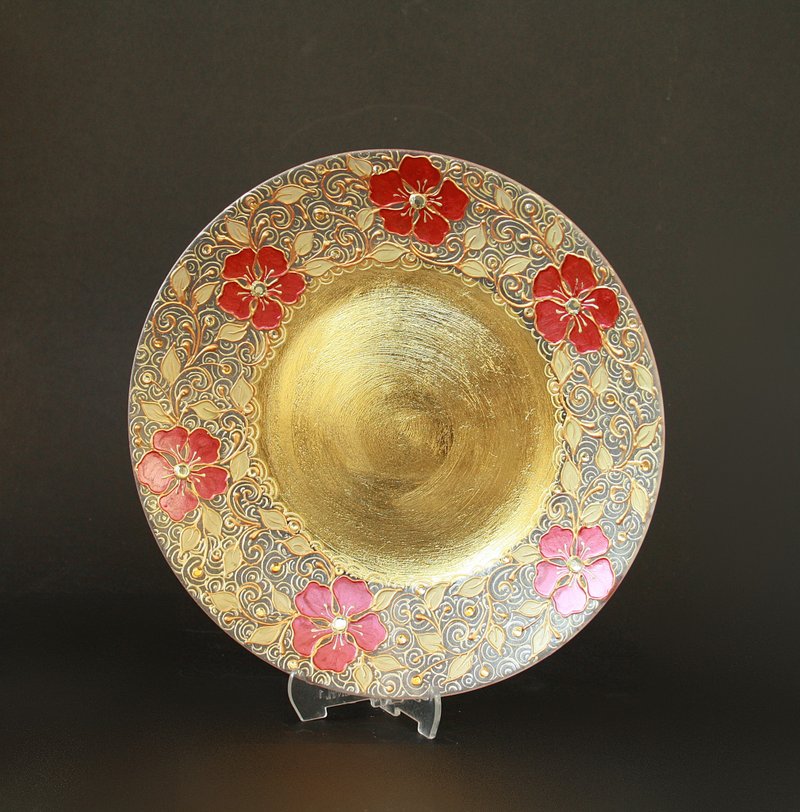 Hand-painted Plate, Gold and Reddish Floral Design, Swarovski Crystals - 摆饰 - 玻璃 金色