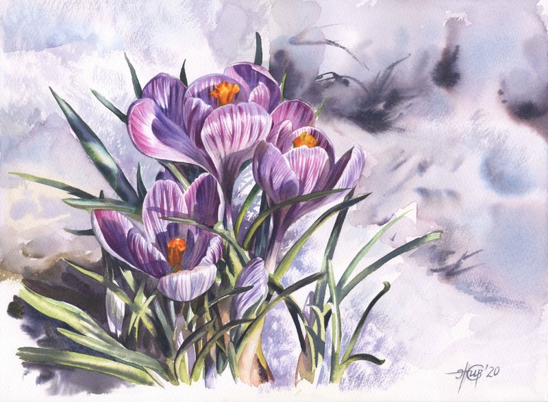 Crocuses hand painted watercolor, handmade paintings, wall art, home wall decor - 墙贴/壁贴 - 纸 多色