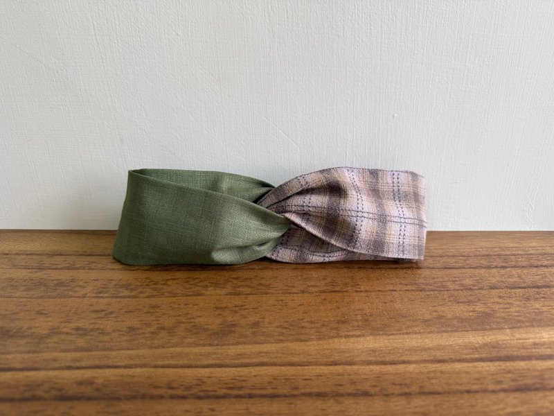日本先染布 / 经典咖格 - 绿 - 发带/发箍 - 棉．麻 绿色