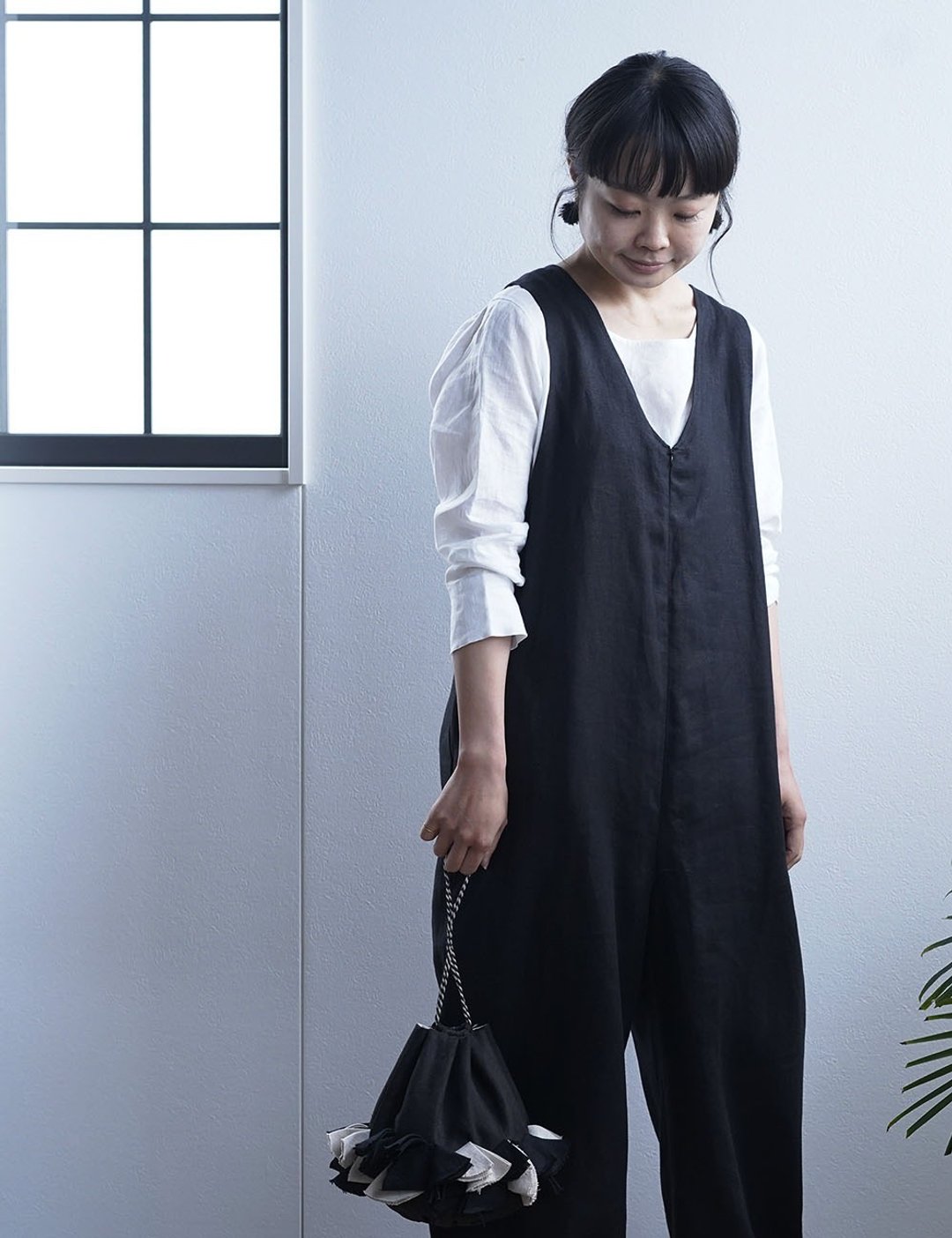 Linen Jump Suit/Black b007b-bck2 - 背带裤/连体裤 - 亚麻 黑色