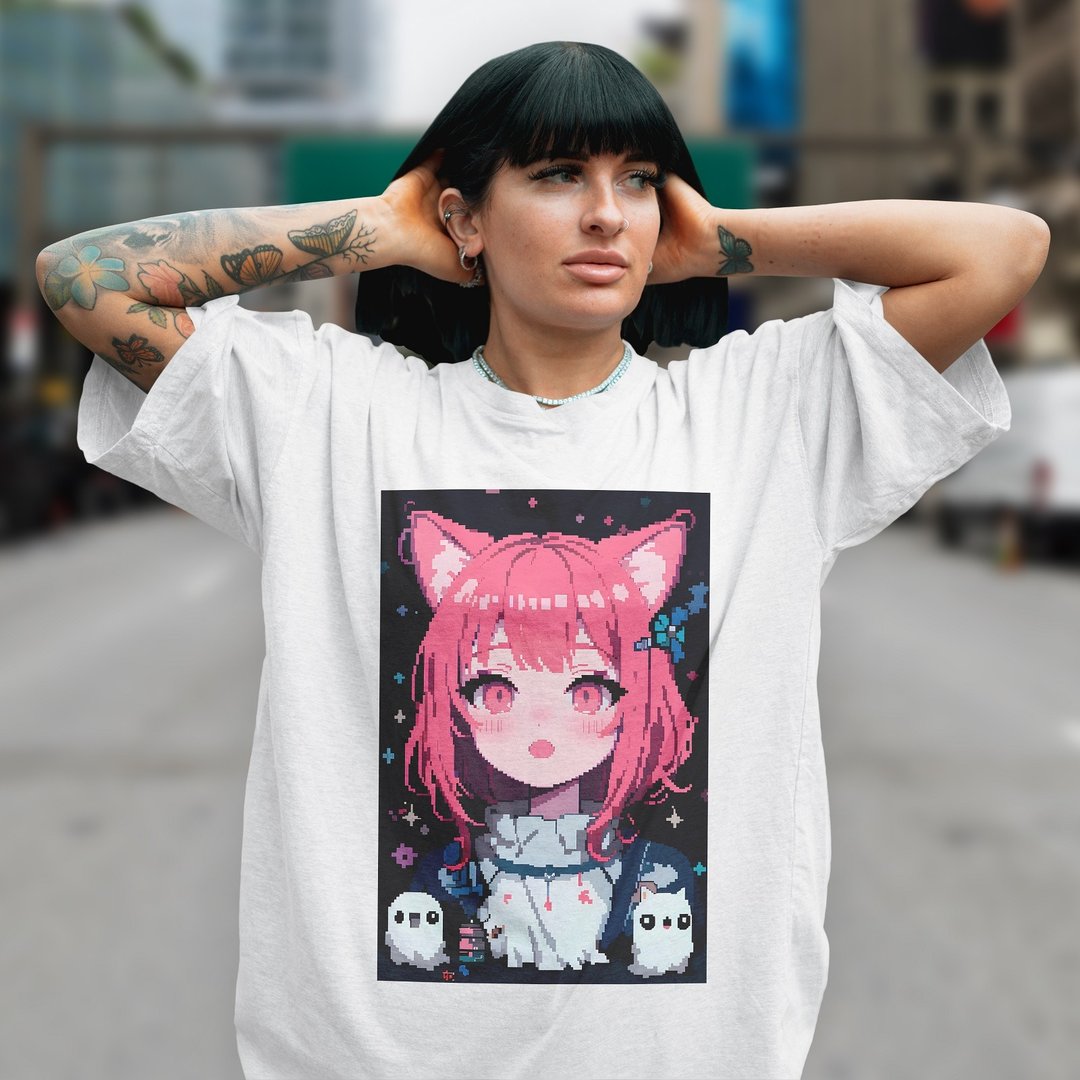 Yami Kawaii Sweet Anime Cat Girl Streetwear 100% 纯棉 经典版型 T 恤 - 男装衬衫 - 棉 多色