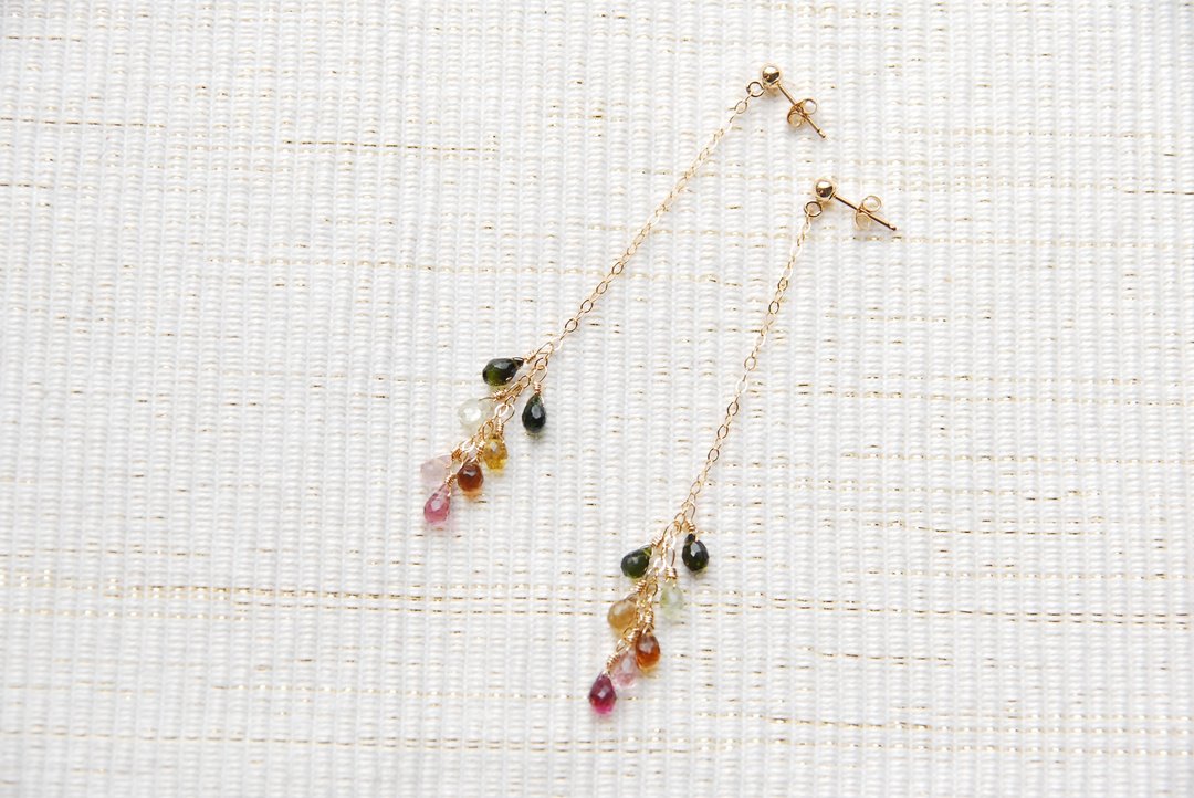 Multicolor Tourmaline Drop Stud Earring 14kgf - 耳环/耳夹 - 半宝石 多色